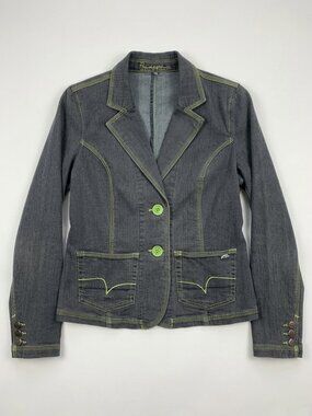 POINT ZERO -  Contrast-Stitch Denim Blazer green details - MEDIUM